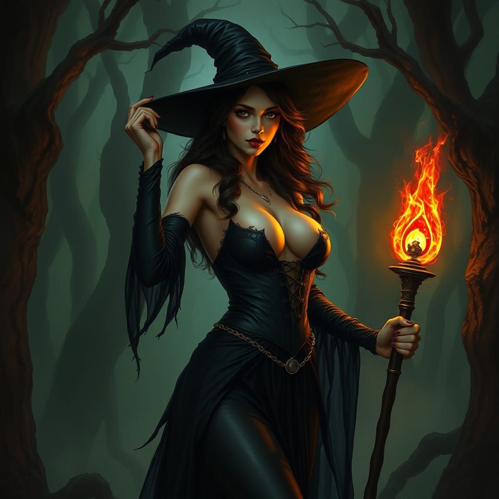 Gothic Witch Seductively Poses in Ancient Forest