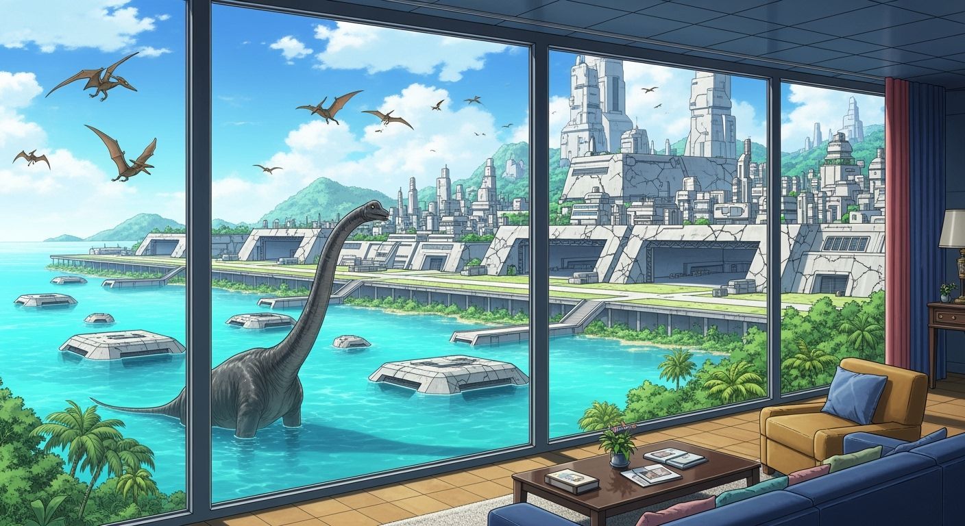 Futuristic Bunker with Dinosaur in Manga Anime Style
