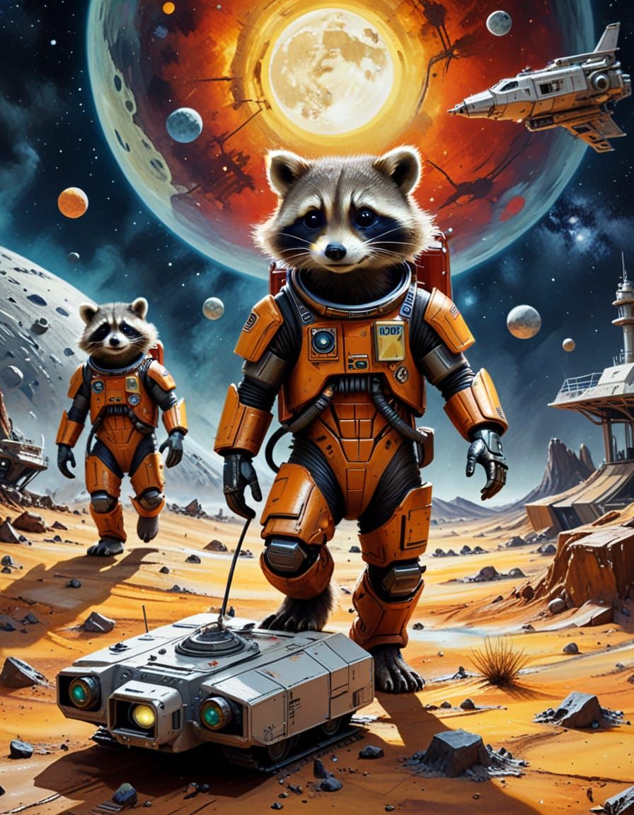 Raccoons in Mech-Suits Raid Lunar Base: Surrealist Painting