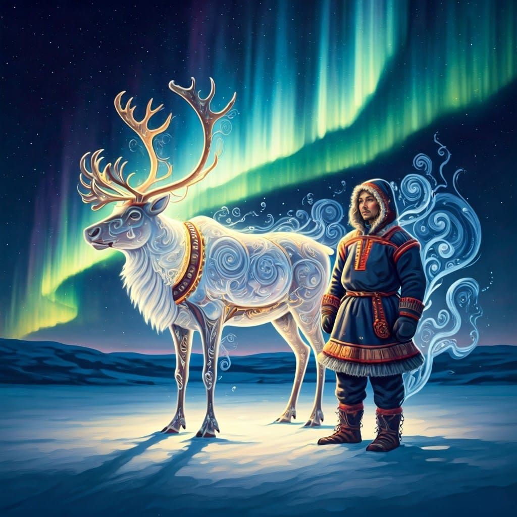 Enchanted Reindeer and Sami Herder in Ethereal Winter Wonder...
