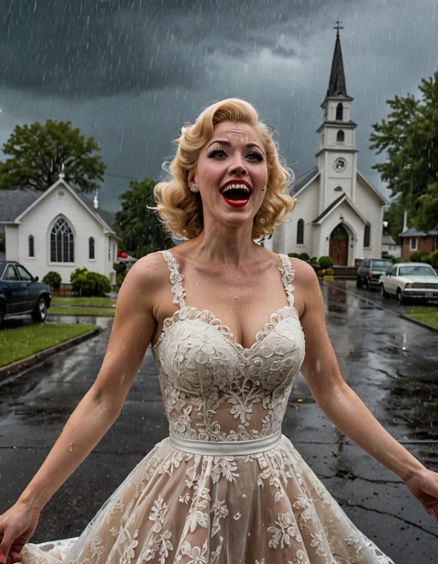 Retro Pinup Bride Caught in Rainstorm
