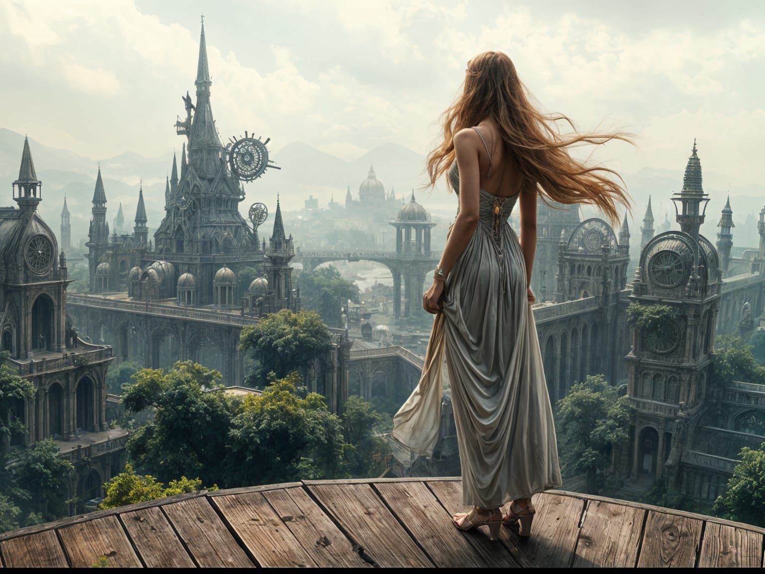 Woman Gazes at Overgrown Futuristic Cityscape, Matte Paintin...