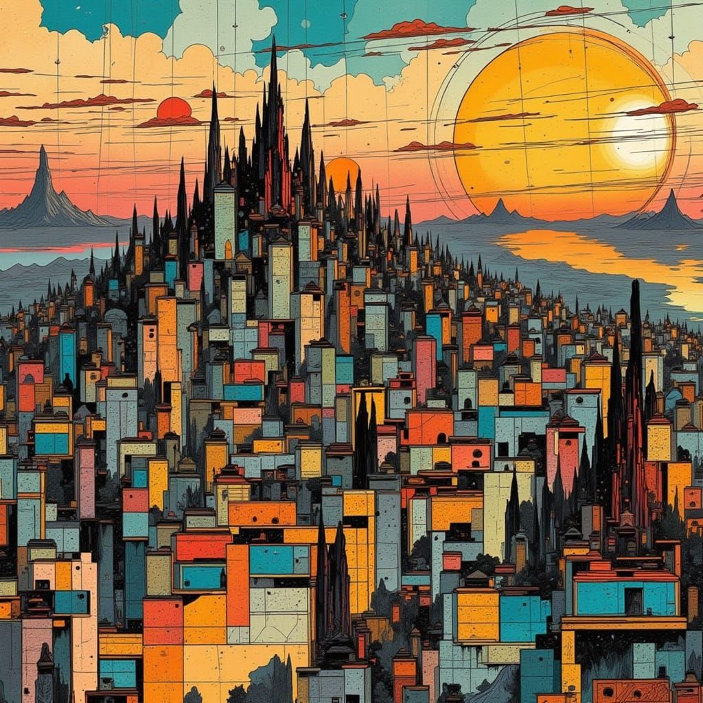Retrofuturist Mosaic Cityscape with Art Nouveau Elements