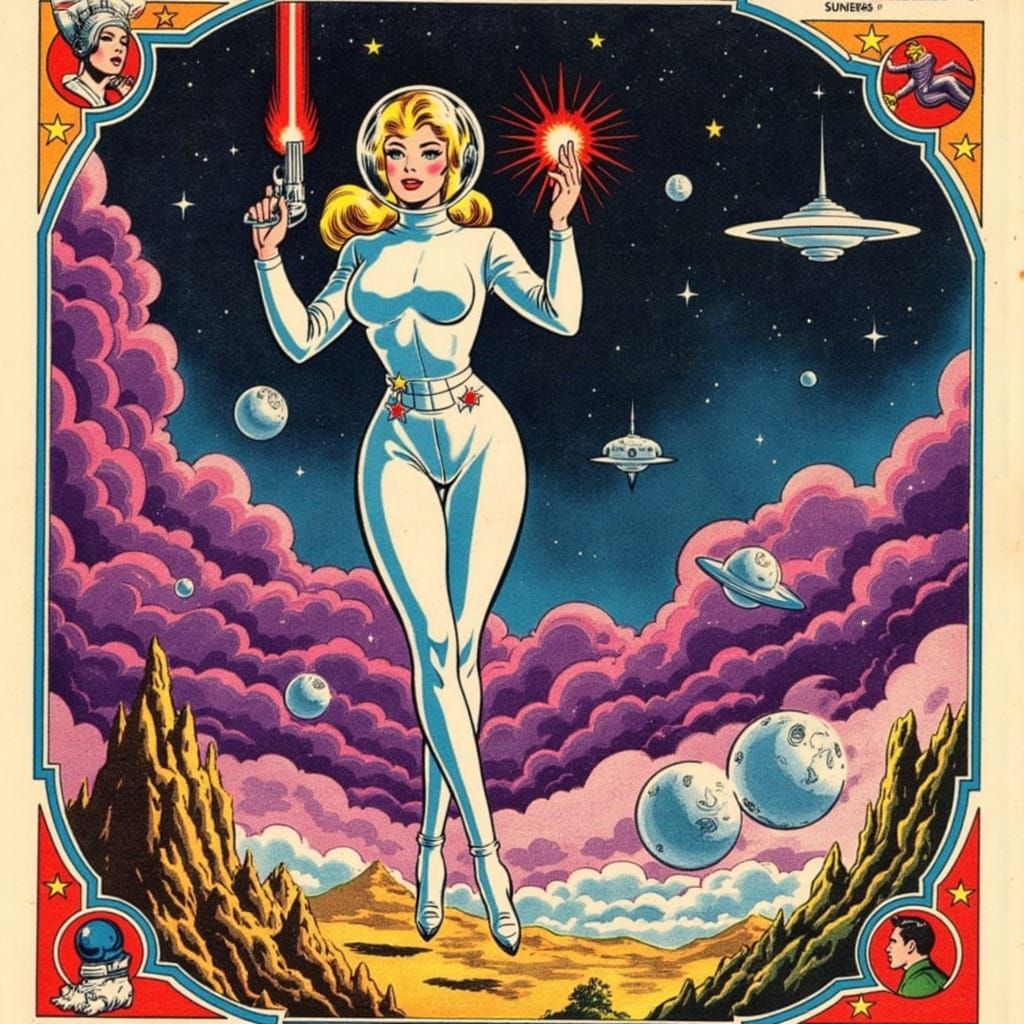 Retro-Futuristic Space Goddess with Ray Gun and Cosmic Backd...