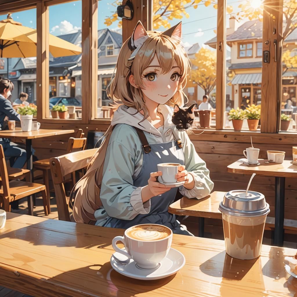 Cat Girl Enjoying Coffee in Kawaii Anime Style