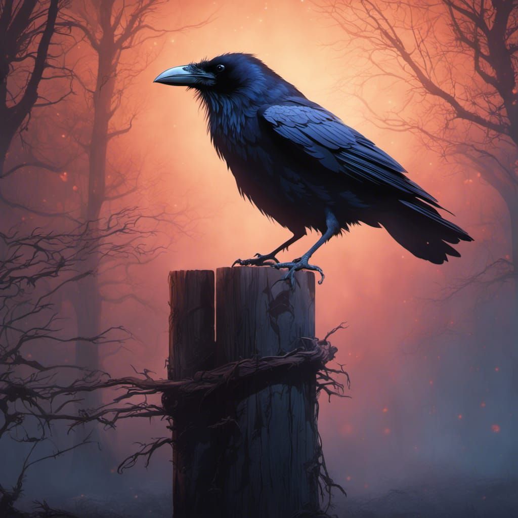 Raven Perched on Post in Eerie Night Glow