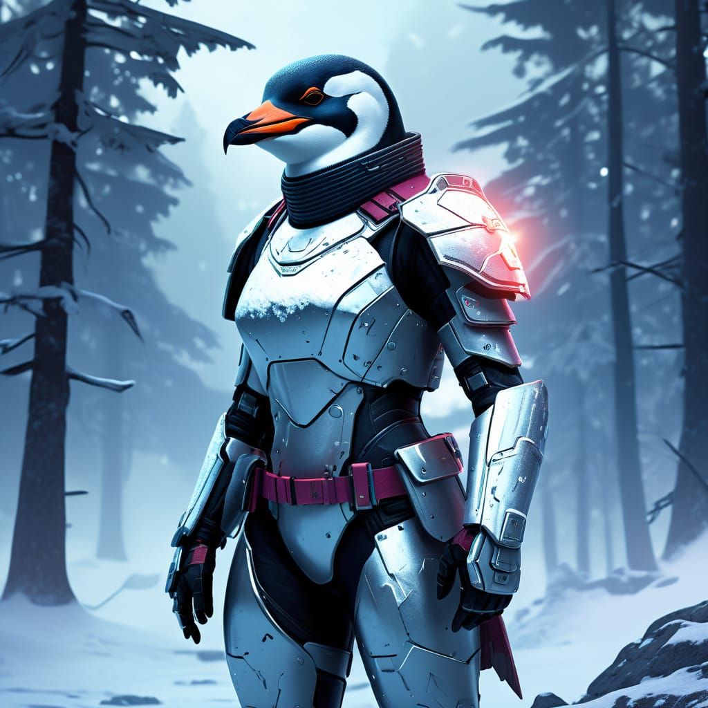 Glamorous Ice Penguin Fighter in Cyberpunk Smoky Snow Forest