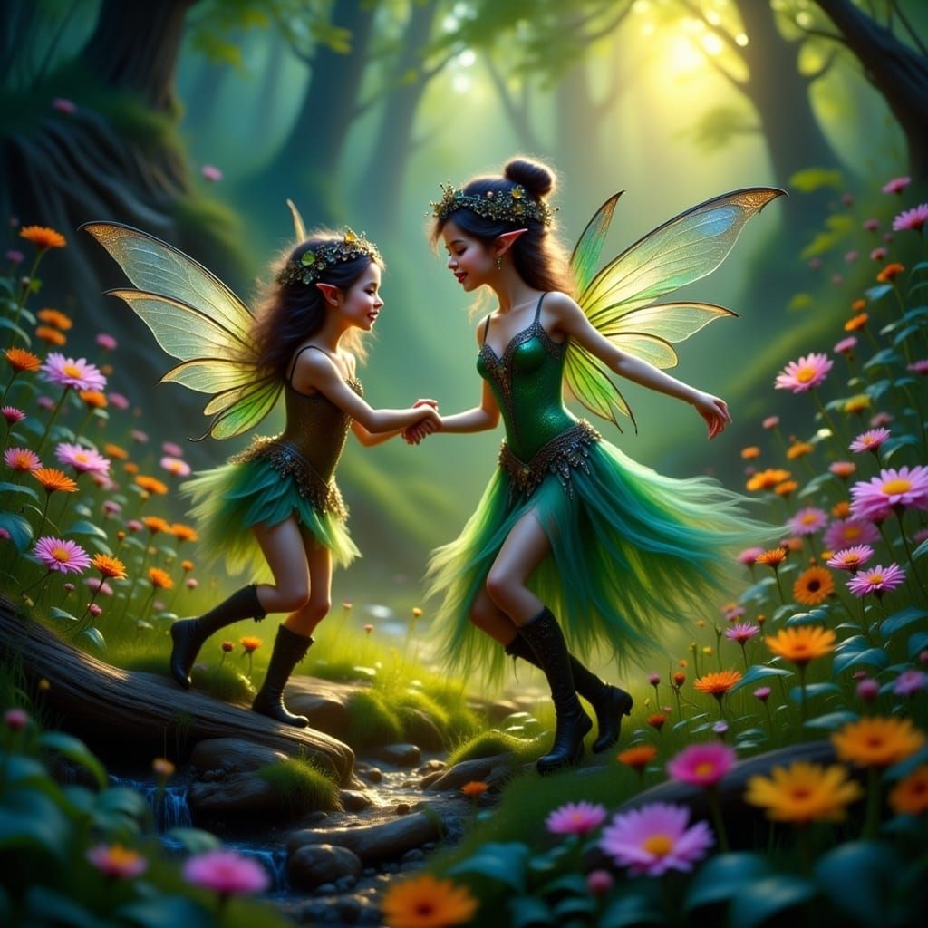 Elf and Pixie Dance in Flowery Meadow