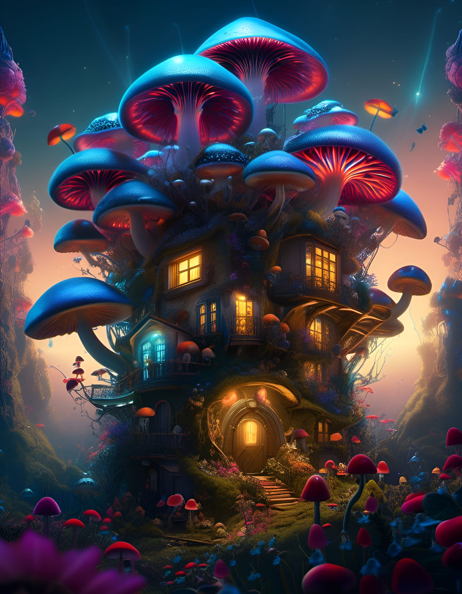 Bioluminescent Flower Village: Fantasycore Artwork