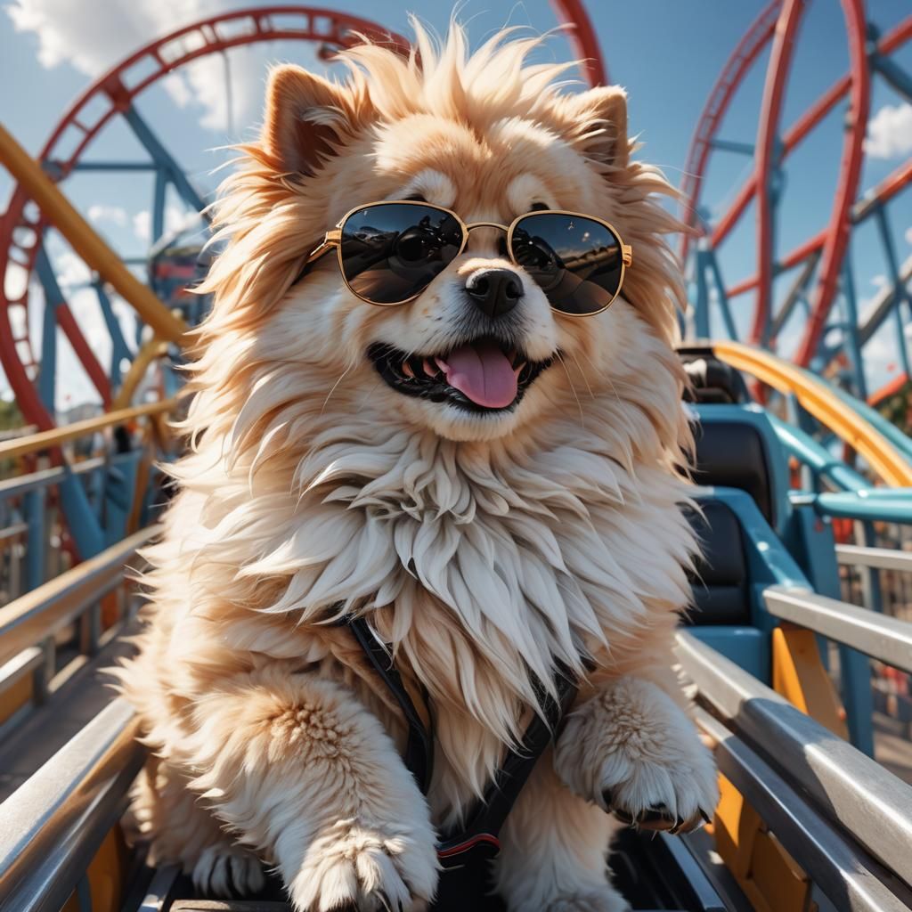 A close up portrait of a cute fluffy dog with sunglasses on ...