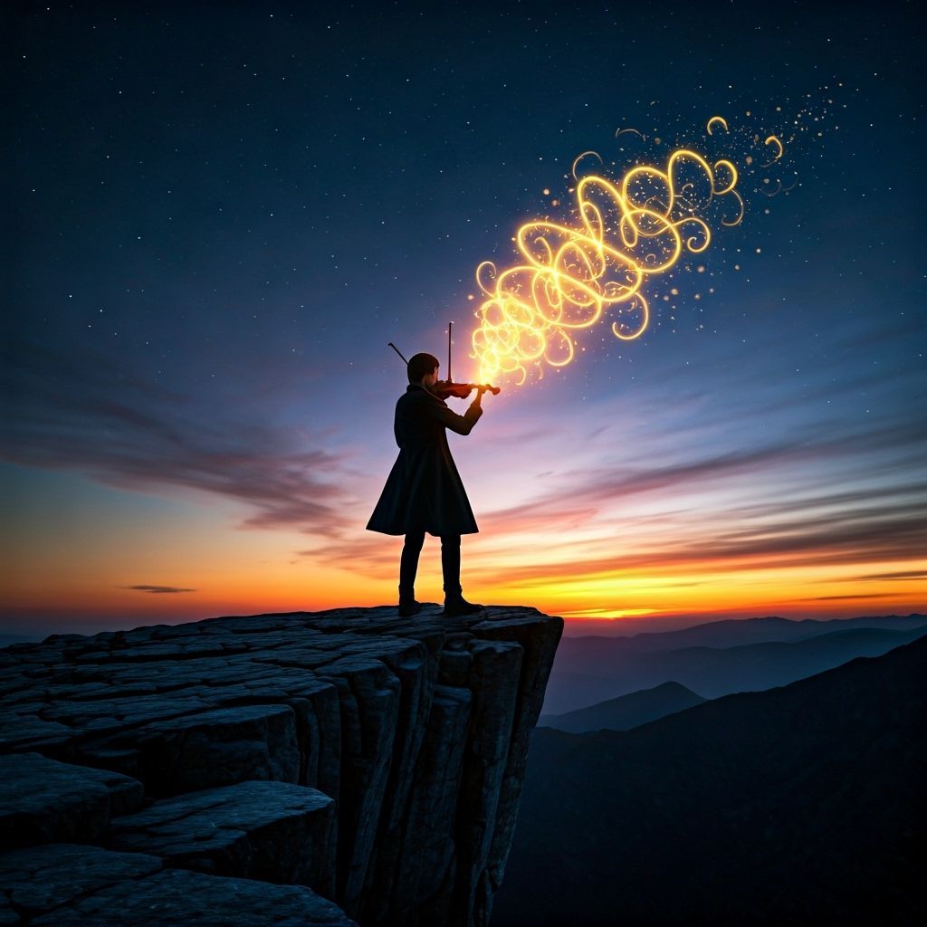 Violinist Silhouette on Cliff Edge at Dusk with Golden Birds