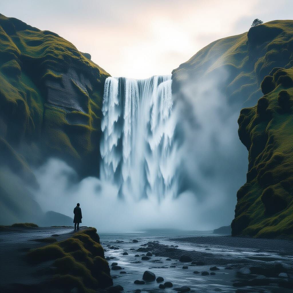 Solitary Figure Awestruck by Giant Waterfall