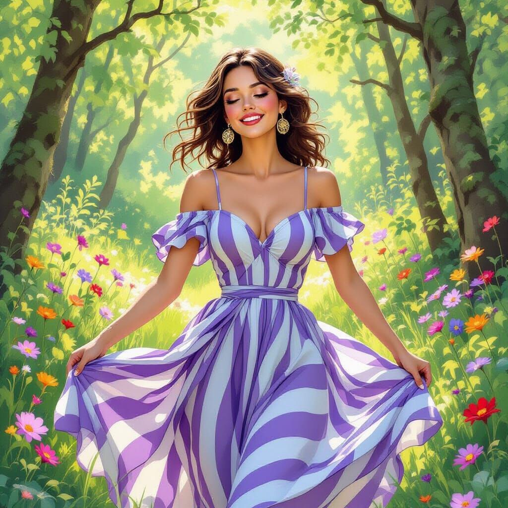 Woman Dancing in Forest, Art Nouveau Style