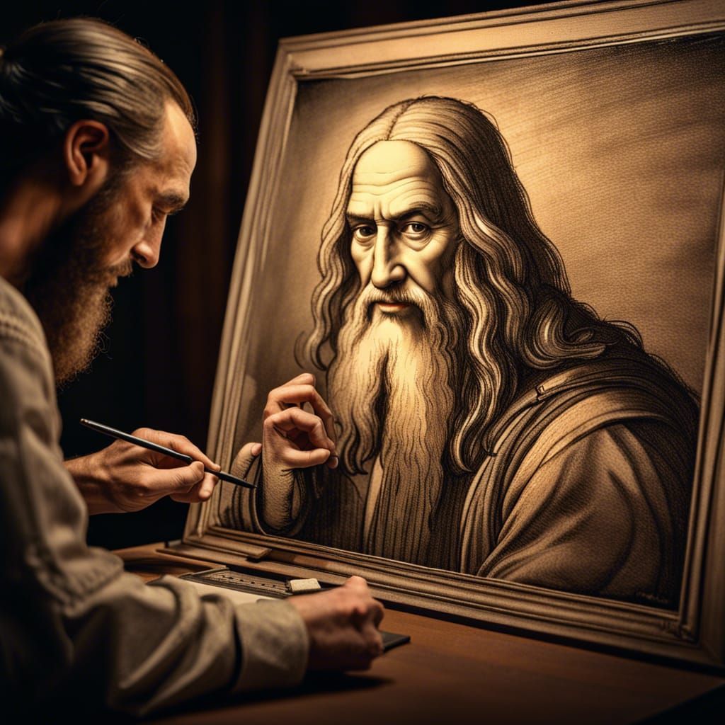 Da Vinci Drawing Himself: Hyperrealistic Masterpiece