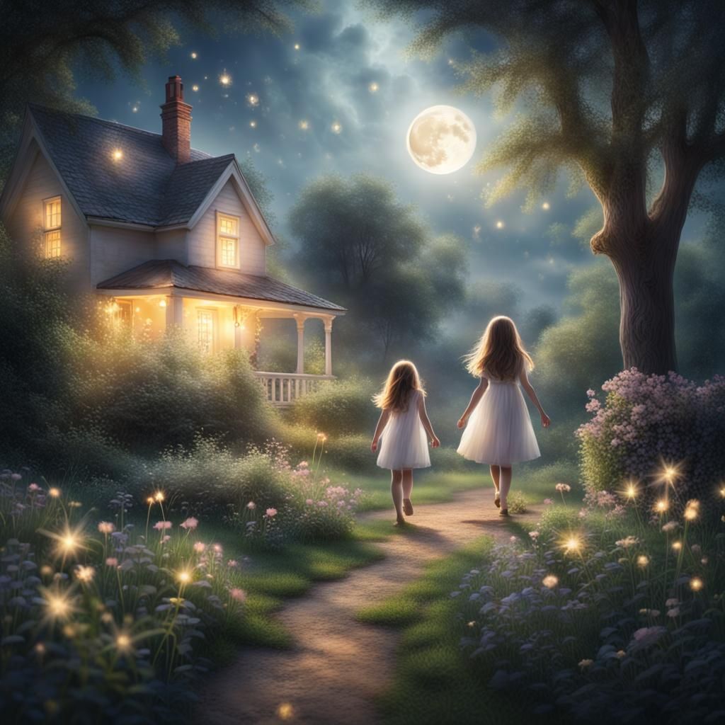 Moonlit Garden Scene with Girls and Fireflies
