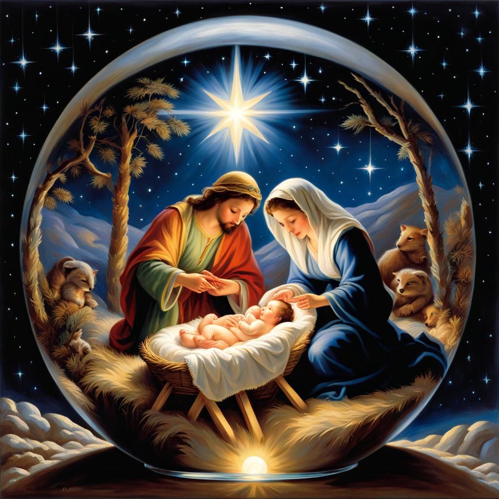 Nativity Scene in Crystal Ball: Kinkade Style