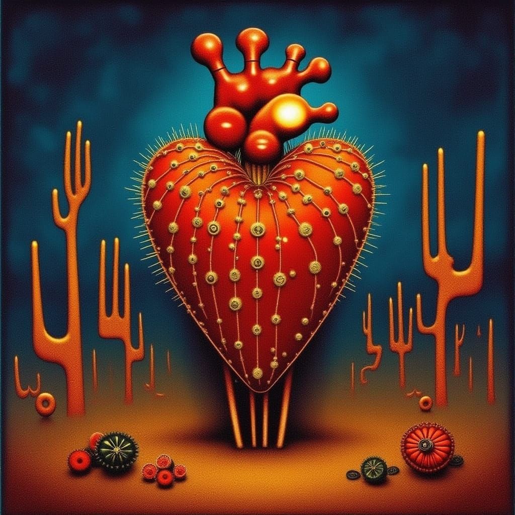 Surreal Cactus Heart in Dali-Inspired Desert Dreamscape