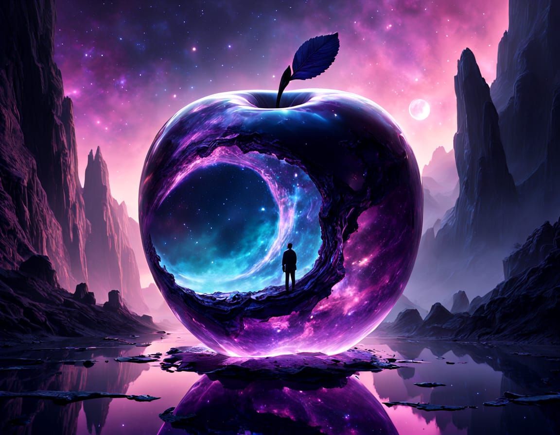 Glowing Glass Apple with Cosmic Nebula Inside