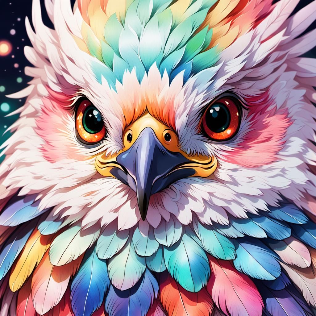 Vibrant Anime Bird Portrait in Whimsical Watercolor Style