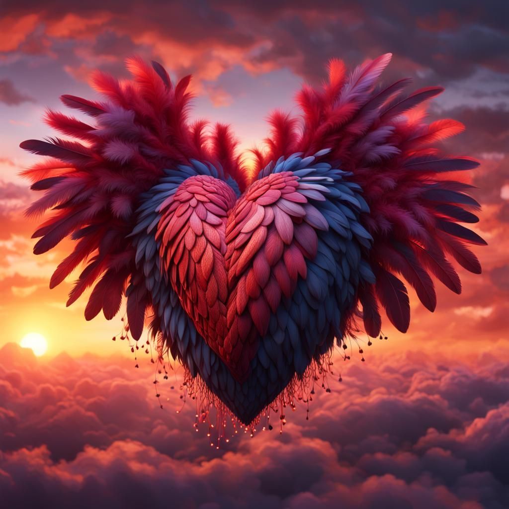 Feathered Heart with Wings in Sunset Sky
