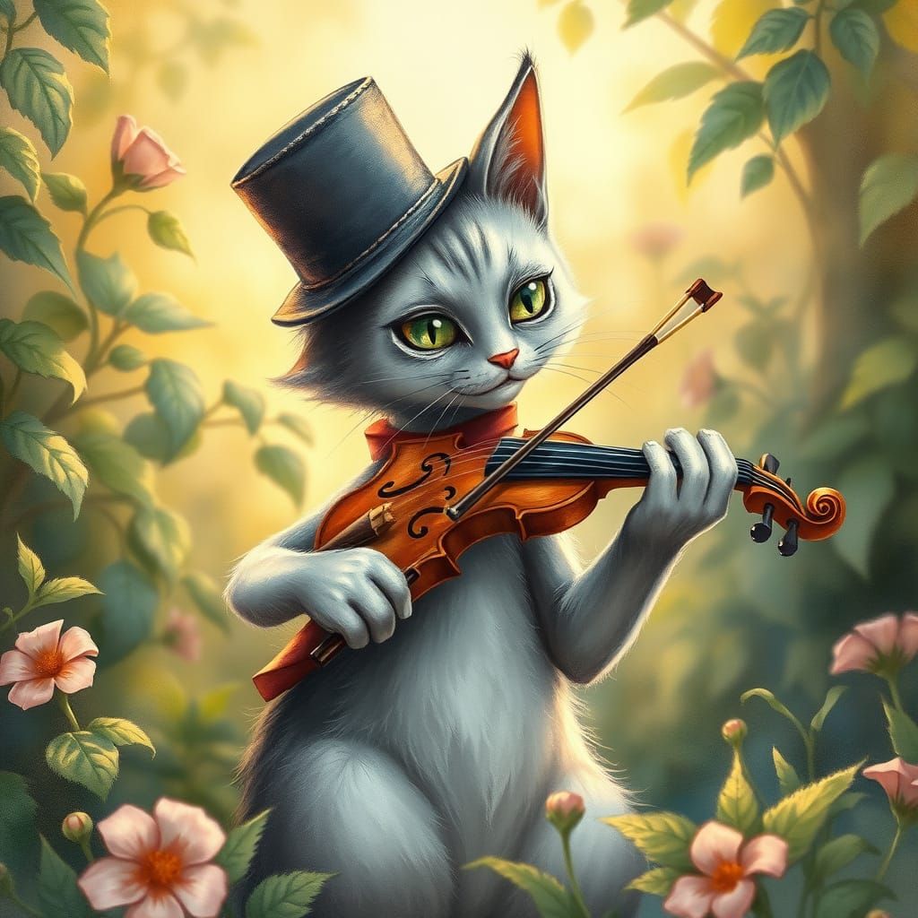 Whimsical Feline Virtuoso in Watercolor Style