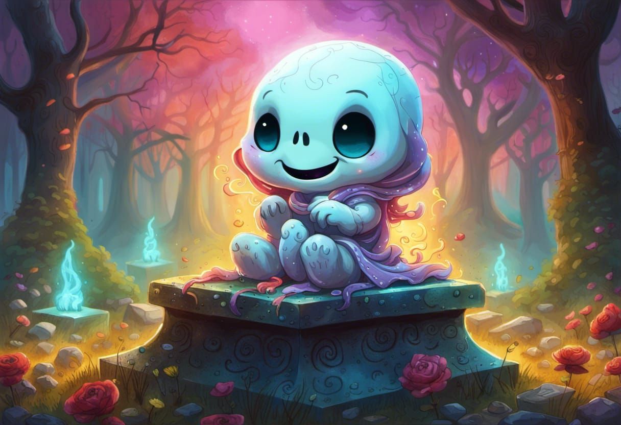 Cute Chibi Ghost on Tombstone: Hyperdetailed Art