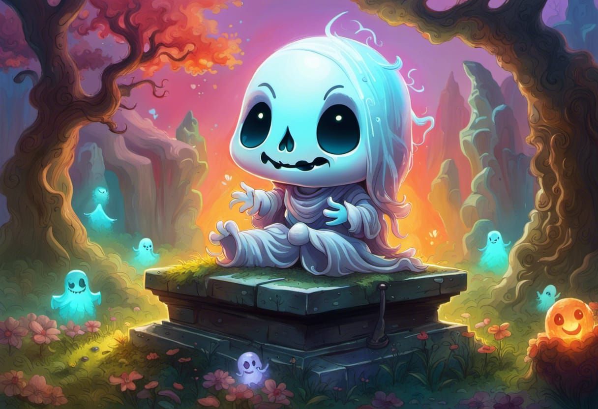 Happy Chibi Ghost on Tombstone: Detailed Fantasy Art