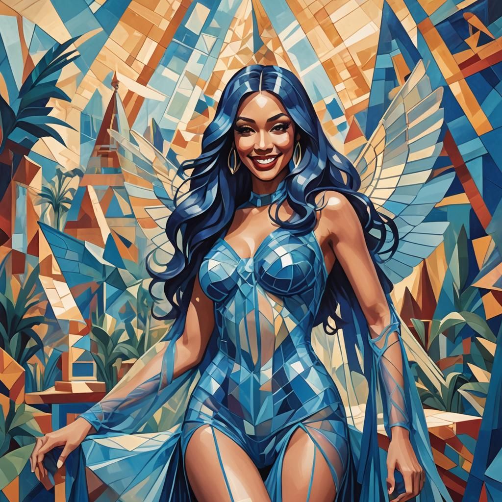 Cubist Showgirl with Wings in Oasis Setting