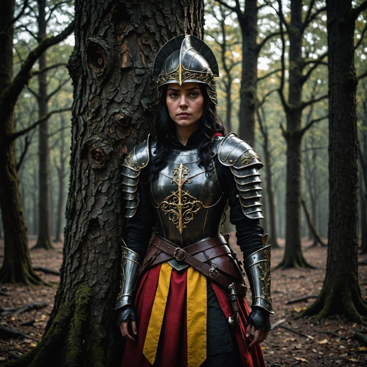 Medieval Warrior Girl Faces Dark Shadow in Forest