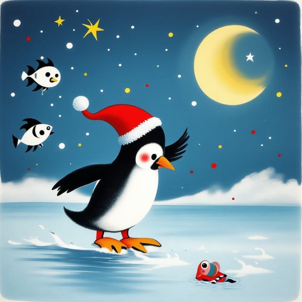Penguin Ice Skating at Christmas: Digital Painting