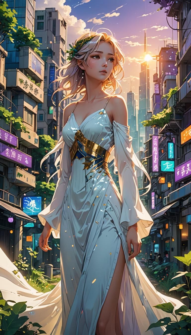 Woman in Solarpunk Cityscape: Anime Style