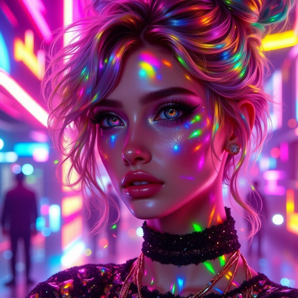 Vibrant Woman in Neon Lights as Digital Art