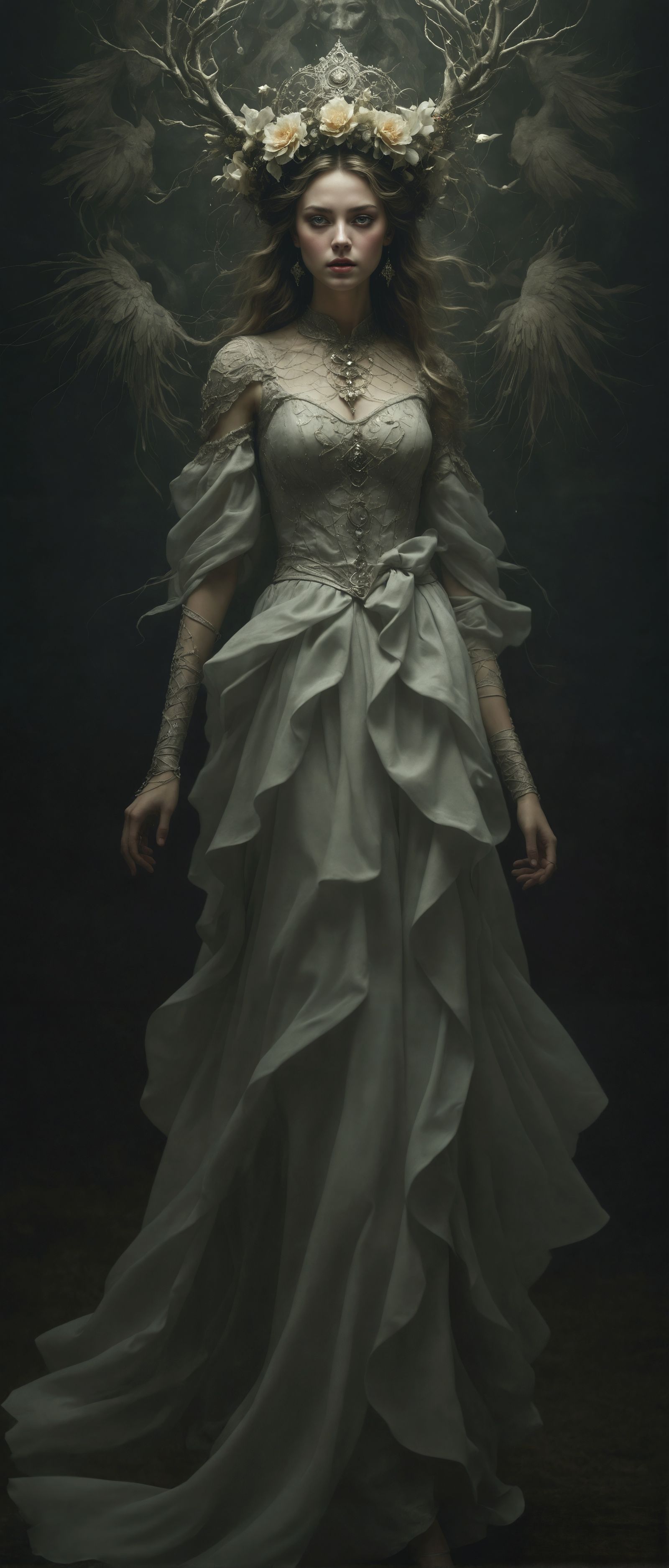 Enigmatic Otherworldly Maiden Surrounded by Ethereal Dance i...