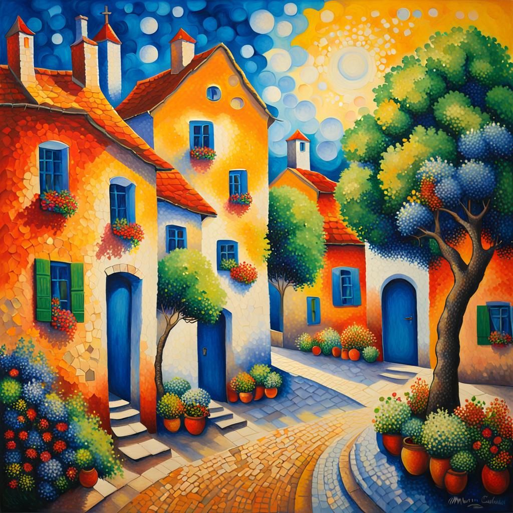 Enchanting Village Scene as Pointillism Painting