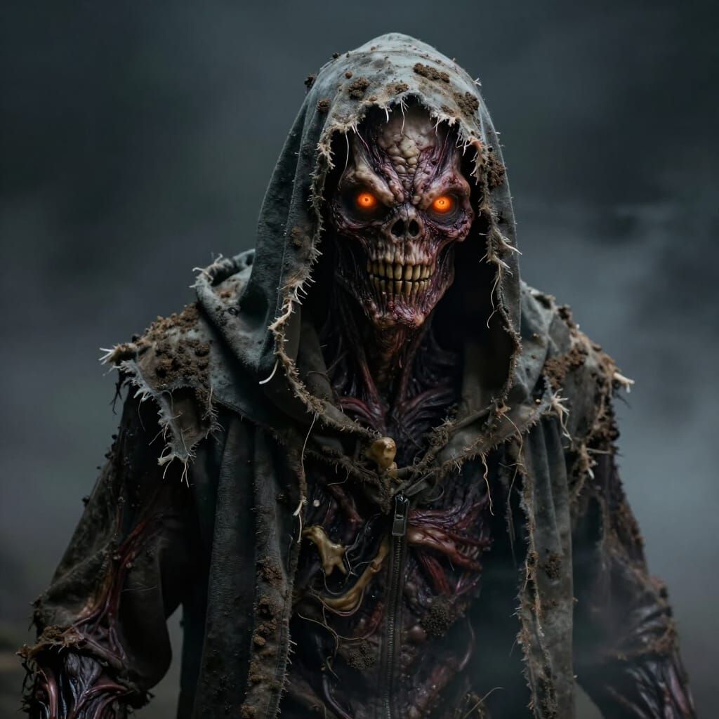 Hyperrealistic Monster with Glowing Eyes in Shadow