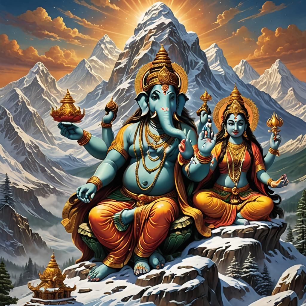 Shri Ganesh with Shiva and Parvati on Kailash