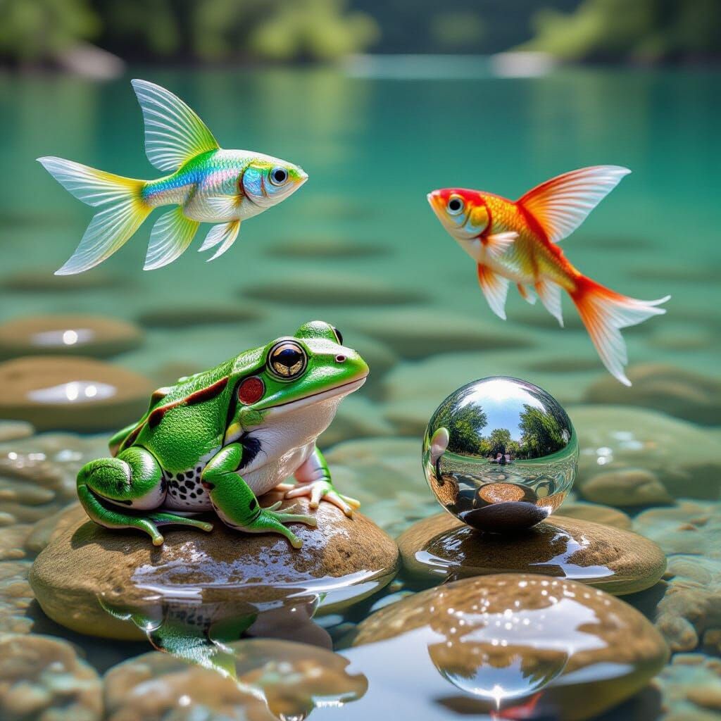 Dreamlike Frog with Fish and Serpent Bird