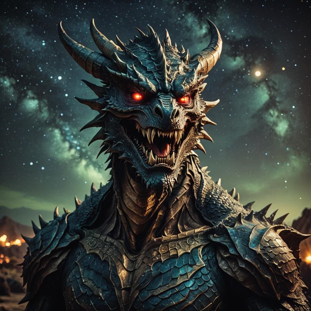 Dramatic Dragon Demon Under Starry Night Sky