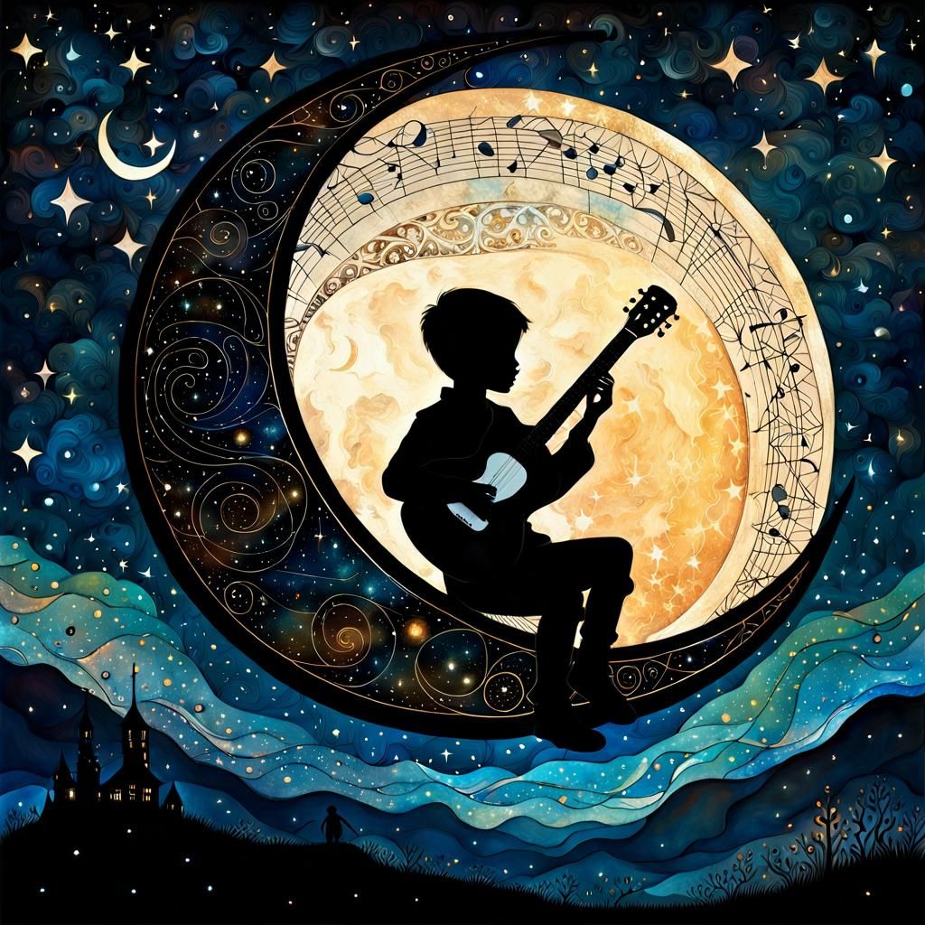 Boy on Moon Guitar Silhouette: Whimsical Folk Art