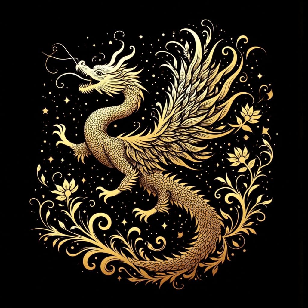 Golden Dragon and Phoenix Silhouette with Sparkles