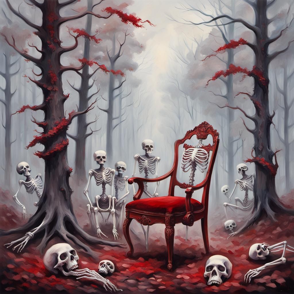 Skulls Dancing in Misty Forest, as Impasto Gouache