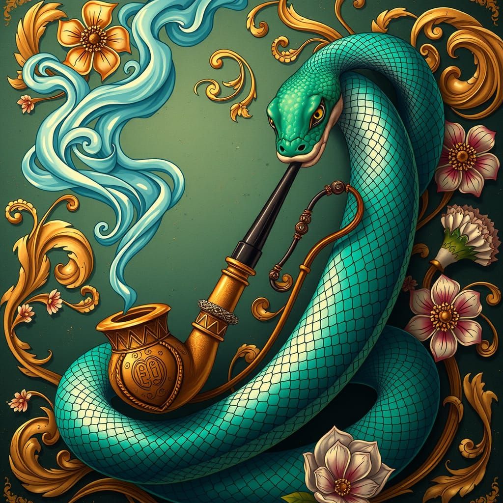 Emerald Serpent Enchants with Golden Pipe and Turquoise Smok...