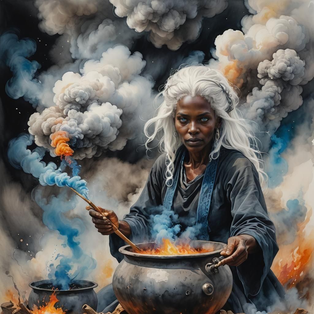 African Witch Gazing into Smoky Cauldron
