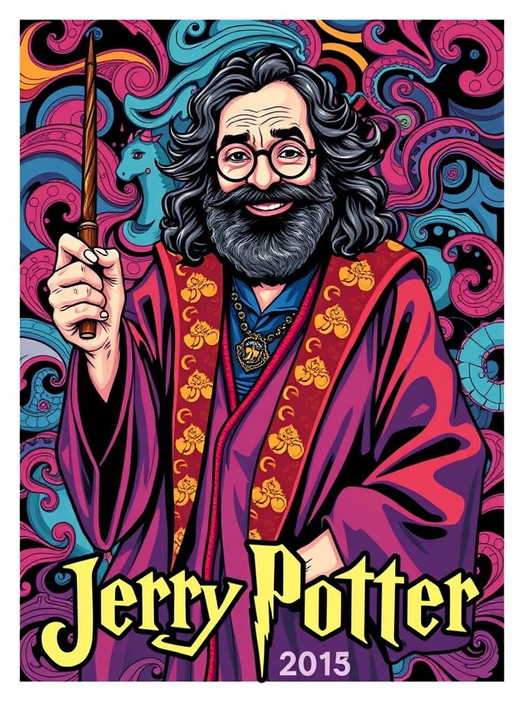 Jerry Garcia as Magical Wizard in Vibrant Psychedelic Style