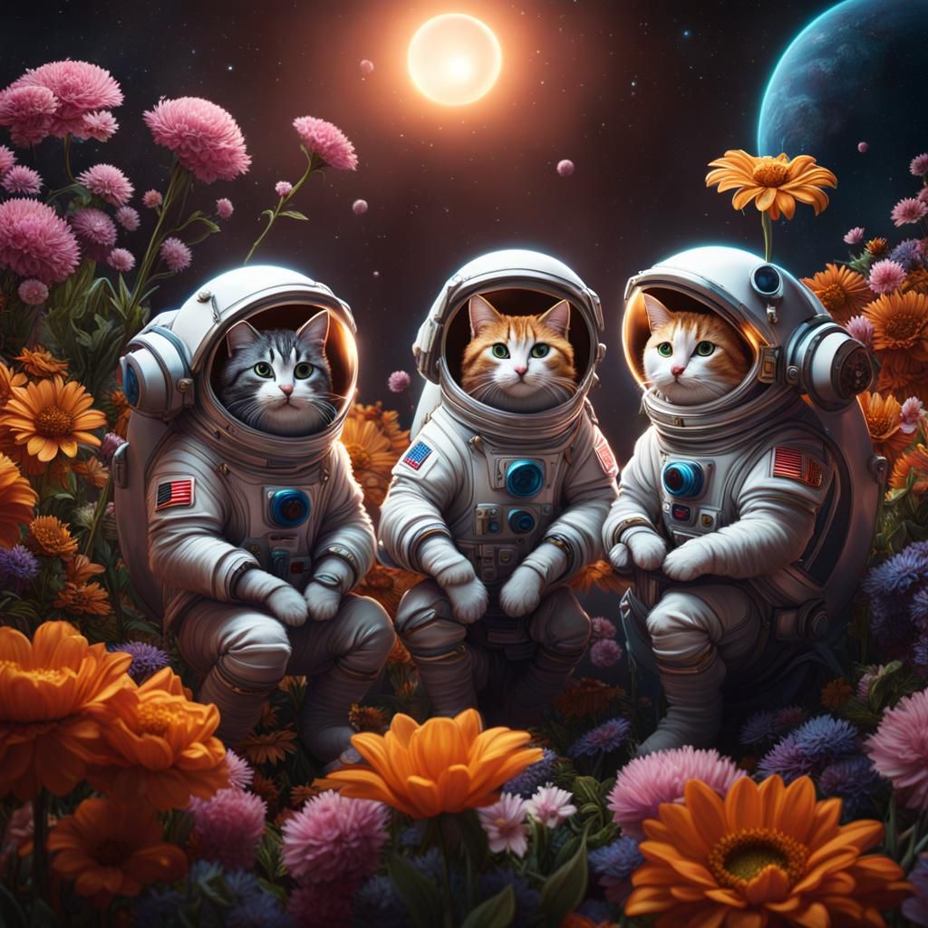 Cats in Spacesuits Tend Flowers on Jupiter Ring