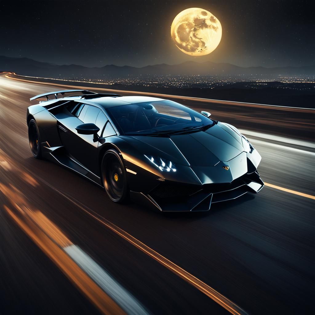Silver Lamborghini Speeding on Moonlit Highway