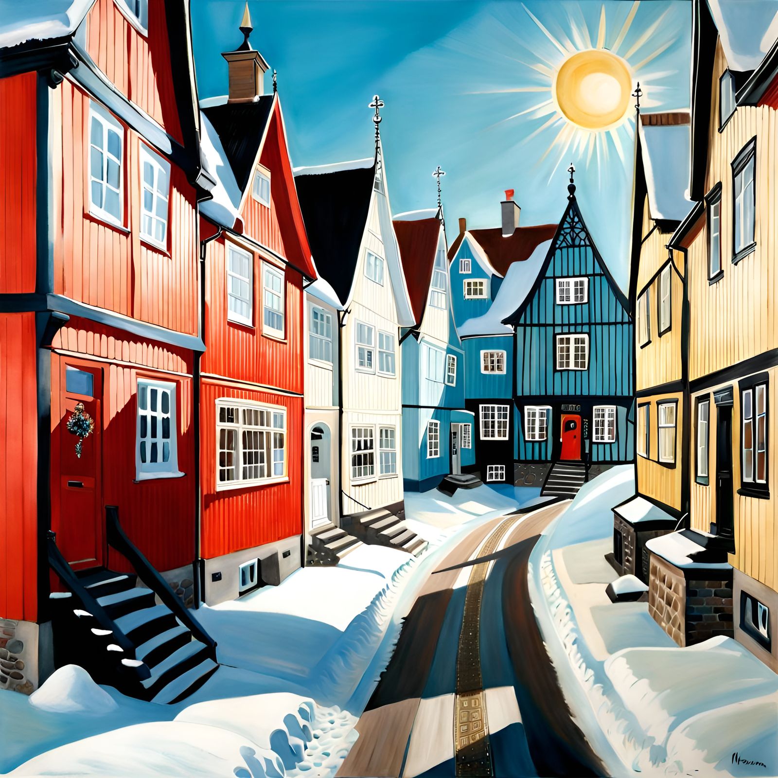 Idyllic Danish Village Street in Winter Sunlight