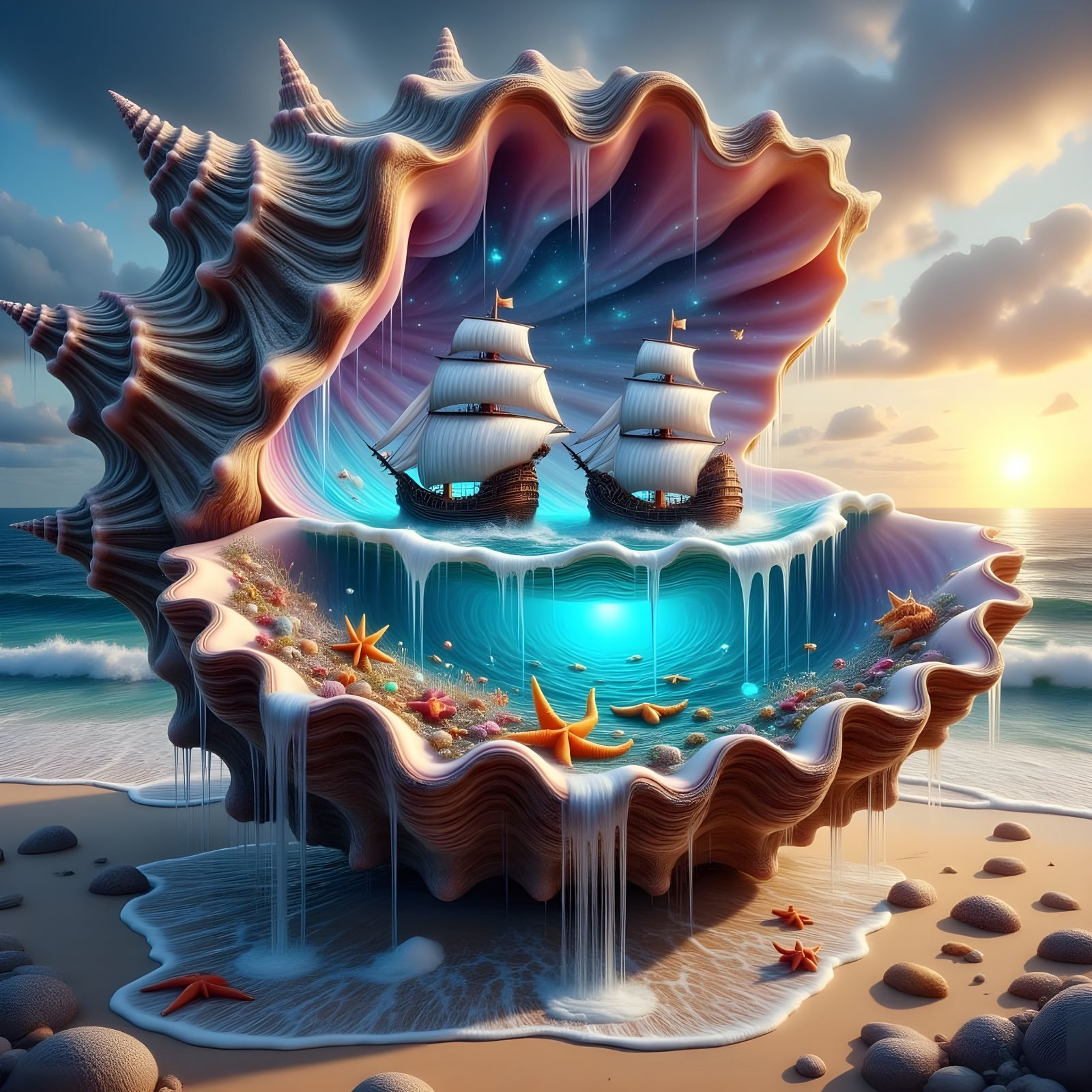 Epic Fantasy Seashell with Majestic Oceanic Scene