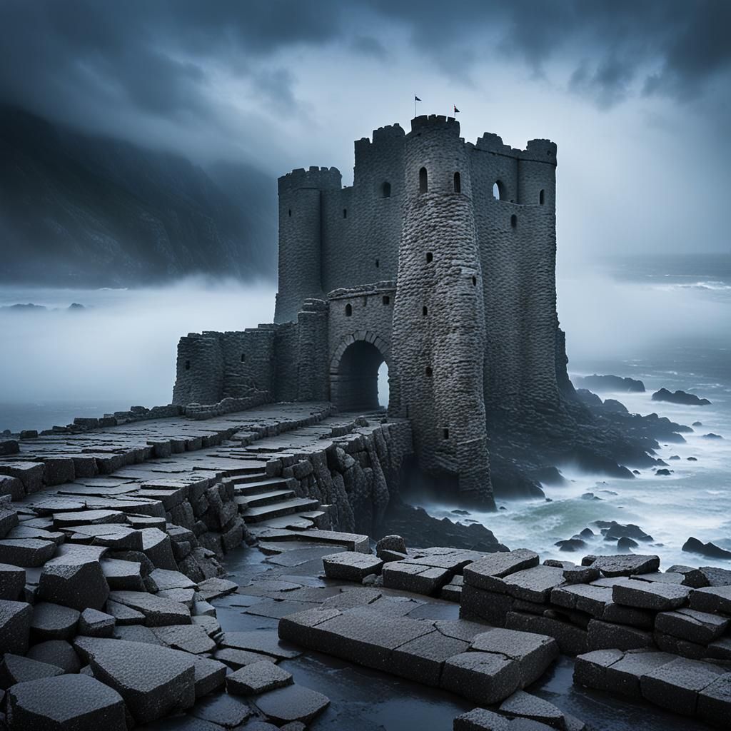 Stormy Seascape: Ancient Fortress Gate on Rocky Shore