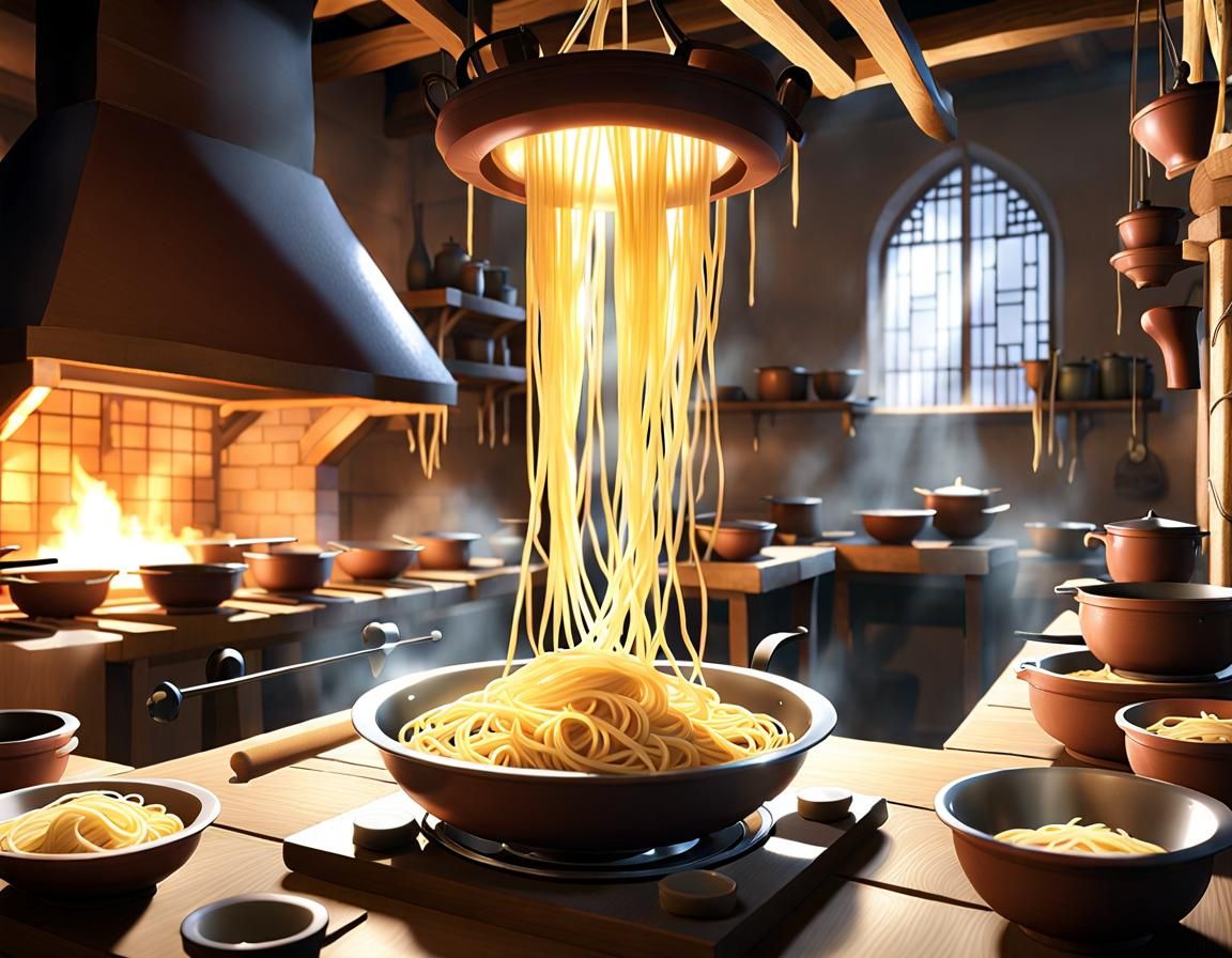 Medieval Kitchen Noodle Prep, Anime Style Lighting